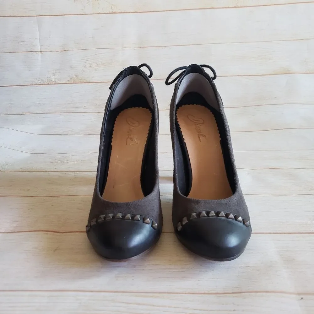 Diesel Leather Suede Round Toe Studded Tassel Heel Pumps Shoes Brown Size 39